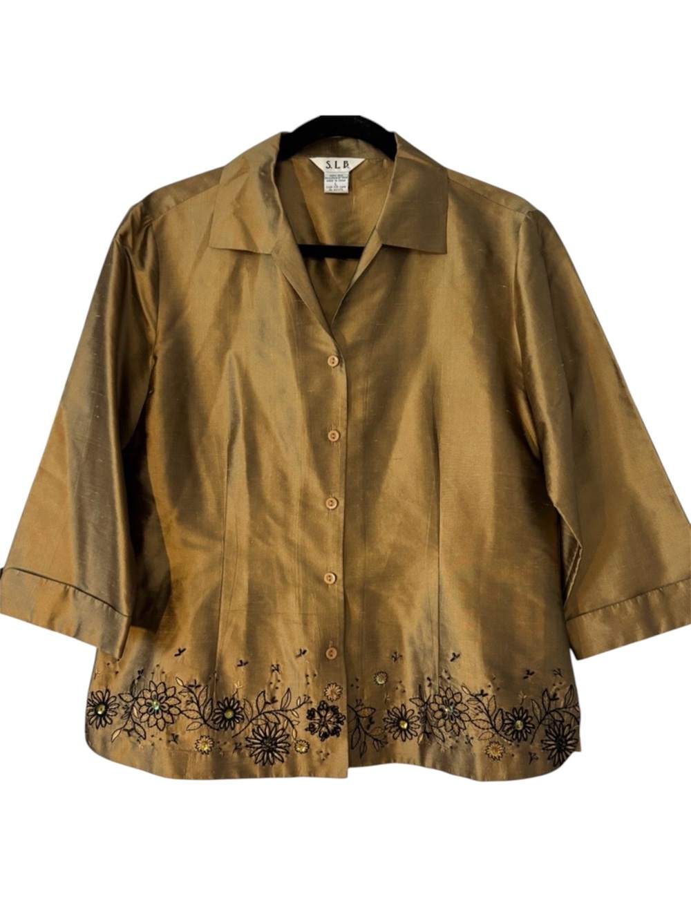 S.L.B Women’s 100% Silk Gold Button Blouse Black Beaded Floral Hem Large